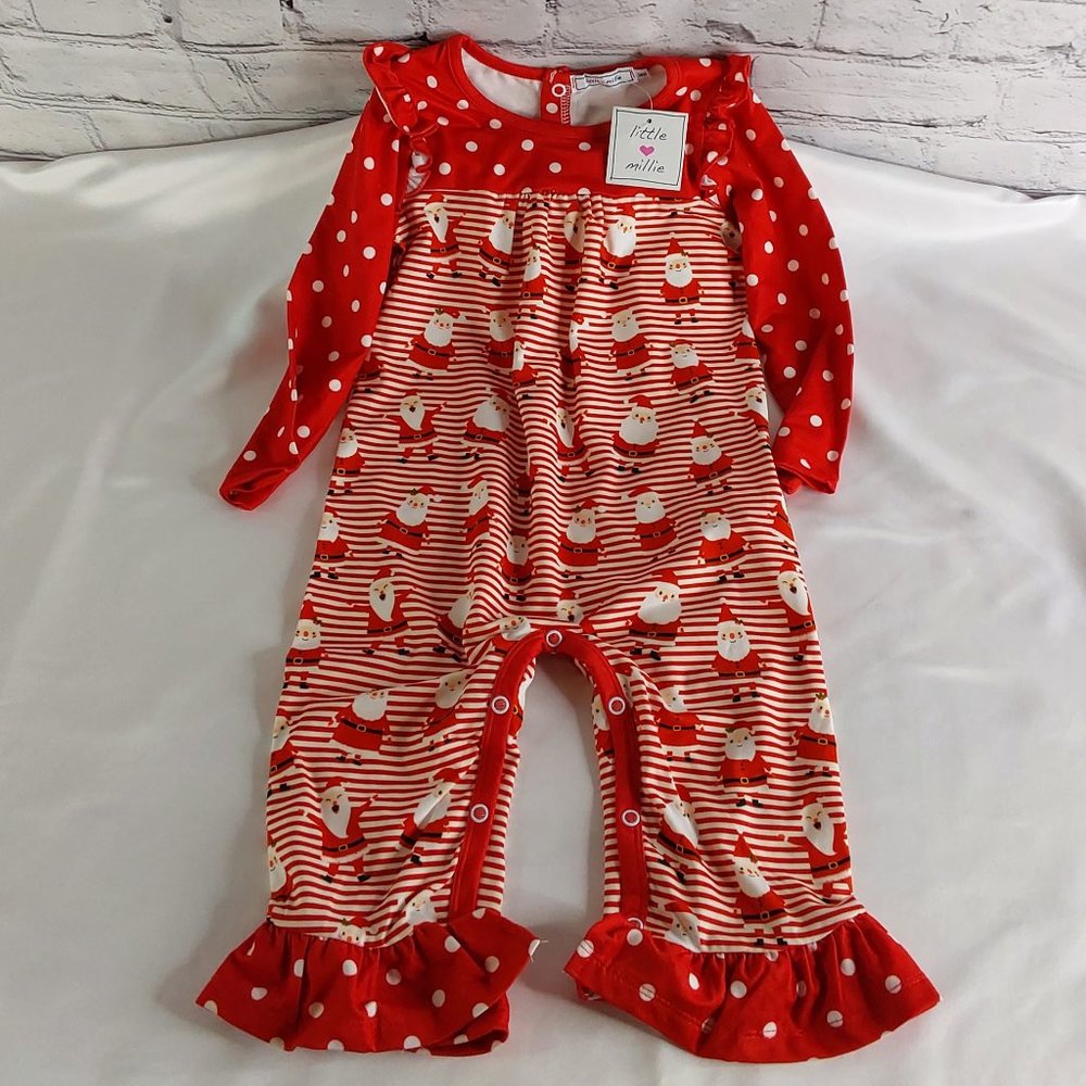 'LITTLE MILLIE' SANTA PRINT RUFFLE ROMPER OUTFIT